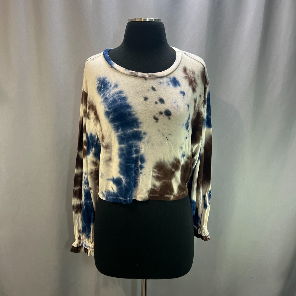 Hyfve Cropped Blouse Top Womens Medium Multicolor Tie Dye Lightweight Round Neck